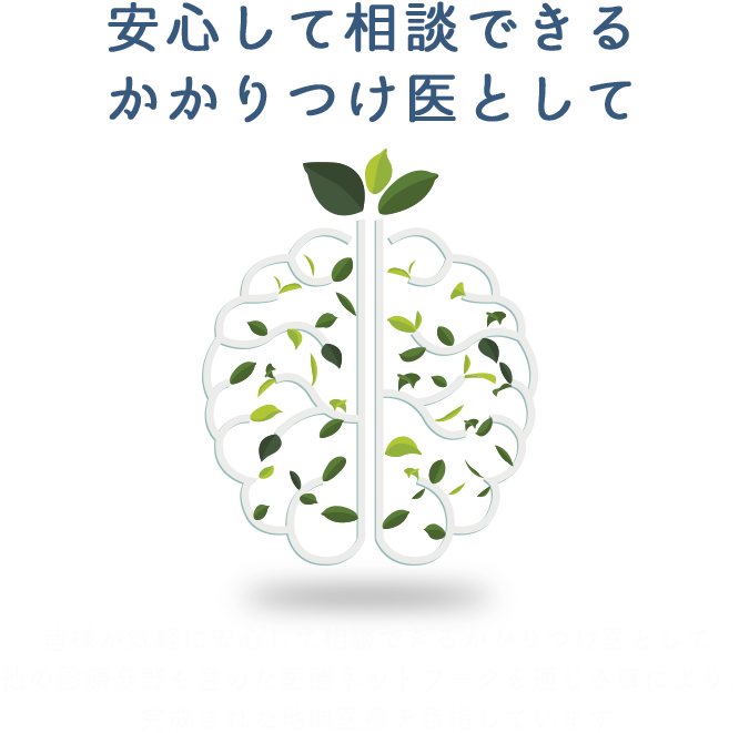 安心して相談できるかかりつけ医として　皆様が気軽に安心して相談できるかかりつけ医として他の診療分野も含めた医療ネットワークを通じる事により、完成された地域医療を目指しています